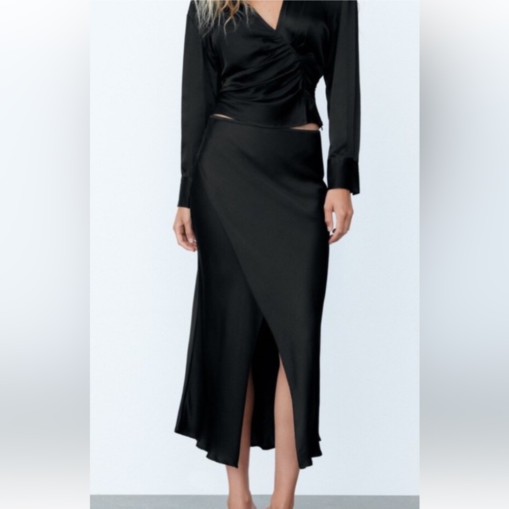 Zara black satin midi skirt